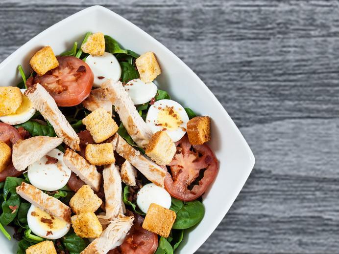 Spinach and Grilled Chicken Salad · Baby spinach, fresh tomatoes, chicken, hard-boiled egg, bacon, croutons and  house balsamic vinaigrette.