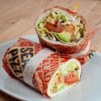 Turkey Avocado Wrap · Fresh sliced turkey, lettuce, tomatoes, crispy chopped bacon, avocado and basil mayonnaise.