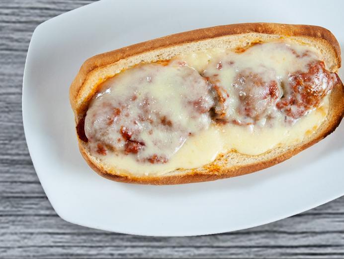 Meatball Parmigiana Sandwich · Topped with provolone cheese.