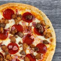 Quattro Meat Pizza · Pepperoni, imported ham, sweet Italian sausage, meatballs, mozzarella and our sauce. No subs...