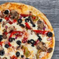 Vegetable Lover's Pizza · Onions, green peppers, black olives, freshly sliced mushrooms, mozzarella and our sauce. No ...