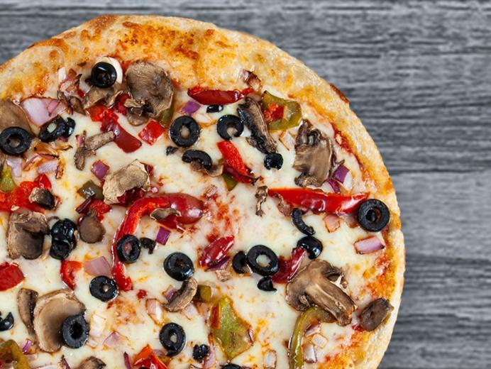 Vegetable Lover's Pizza · Onions, green peppers, black olives, freshly sliced mushrooms, mozzarella and our sauce. No substitutions please.