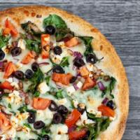 Mediterranean Pizza · Feta cheese, mozzarella, tomatoes, onions, baby spinach, Kalamata olives, fresh garlic and o...