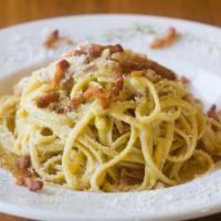 Carbonara · Spaghetti with guanciale, black pepper, egg yolk, pecorino cheese