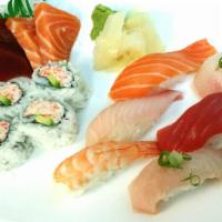 Deluxe Sashimi Nigiri · 2pieces tuna, 2pieces salmon sashmi, 6pieces nigiri, 6pieces cali roll.