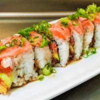 Sunrise Roll · Shrimp tempura, spicy tuna, crab meat, cucumber. Top: salmon and masago, unagi and mustard s...