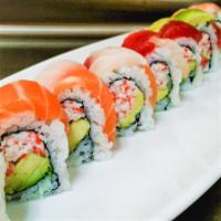 Rainbow Roll · Crab, avocado. Top: tuna and salmon, tai, ebi.