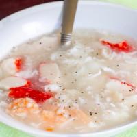 26. Seafood Soup · Shrimp, scallops, imitation crab meat and fish in a chicken broth.