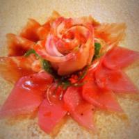 Usuzukuri · Tuna, salmon and yellowtail served with ponzu sauce. Served with miso soup and salad.