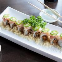 Albacore Special Roll · Raw. Spicy albacore roll, red onion, topped with seared albacore, garlic ponzu, tempura flak...