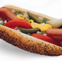 Classic Chicago Hot Dog · Vienna hot dog topped with mustard, onion, relish, sliced tomato, pickle spear, sport pepper...