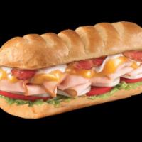 Turkey Bacon Ranch Sub · Smoked turkey breast, pepper bacon and sharp cheddar cheese topped with peppercorn ranch, ma...