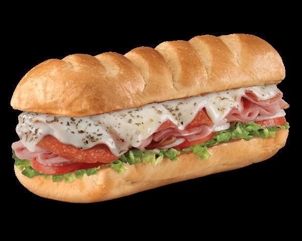 Medium Italian Sub · Genoa salami, pepperoni, Virginia honey ham, provolone and Italian dressing. Loaded completely with mayo, deli mustard, lettuce, tomato, onion, and a kosher dill spear on the side. Available on white or wheat sub roll.