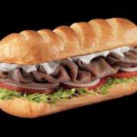 Premium Roast Beef Sub · Served hot with provolone on a toasted sub roll served fully involved.