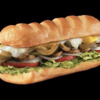 Veggie Sub · Onions, bell pepper and mushrooms topped with provolone, Monterey Jack and cheddar cheese an...