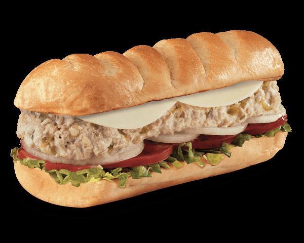 Tuna Salad Sub · A blend of tuna, mayo, relish and black pepper topped with provolone, served fully involved (mayo, lettuce, tomato, onion, deli mustard and a pickle spear on the side).
