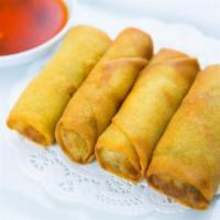 A8. Egg Rolls · (6)Deep-fried rolls stuffed with glass bean threads and vegetables. Served with sweet and so...