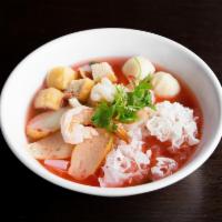 N7. Pink Noodle Soup(Yen Ta Fo) · Noodles with squid, fish ball, shrimp and white mushroom in PINKY (made from fermented bean ...