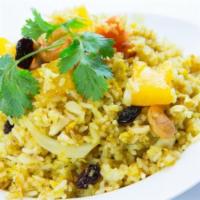 FR3. Pineapple Fried Rice · Fried rice with chicken, shrimp, cashew nuts, raisin, pineapple chunks, egg, onion, and toma...