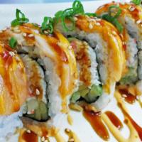 Baked Salmon Roll - 10 pcs · 10 pcs, Baked Salmon on the top with Spicy Mayo and Eel Sauce on the top, Avocado, Cucumber,...