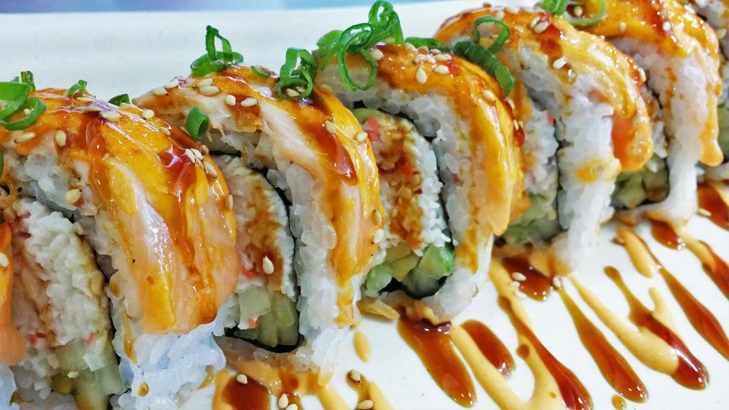 Baked Salmon Roll - 10 pcs · 10 pcs, Baked Salmon on the top with Spicy Mayo and Eel Sauce on the top, Avocado, Cucumber, Crab Meat inside.