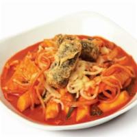 Tteokbokki · Rice cakes and fish cakes, simmered with scallions and onions in Bonchon Hot sauce topped wi...