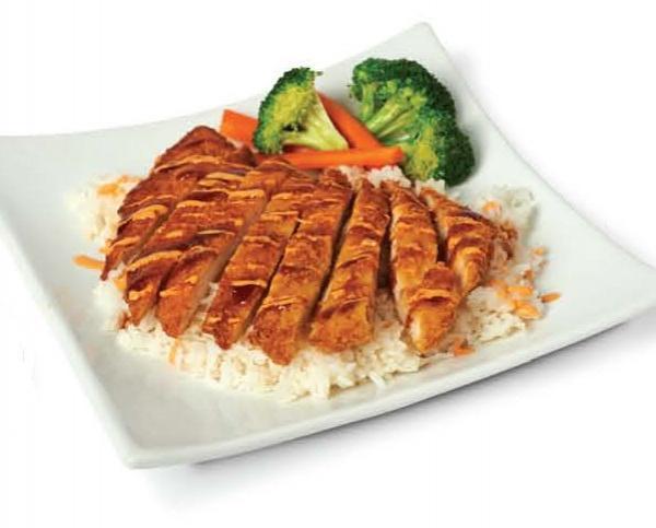 Chicken Katsu · Breaded chicken cutlet served with over a bed of steamed rice and coleslaw on the side, drizzled with katsu sauce, and spicy mayonnaise.