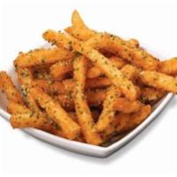 Seasoned Fries · French fries tossed with house seasoning, Parmesan cheese, topped with parsley flakes and a ...