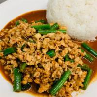 SF1. Thai Kra Pow · Spicy minced chicken, green bean, basil leaves with spicy Thai garlic chili sauce served wit...