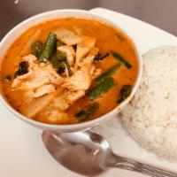C1. Red Curry · spicy red curry with coconut milk bamboo shoot, bell pepper, carrot and sweet Thai basil ser...