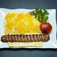 Ground Beef Kabob Plate · One skewer strips of charbroiled seasoned ground beef. Served with rice, charbroiled tomato,...