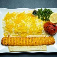 Ground Chicken Kabob Plate · One skewer strips of seasoned ground chicken. Served with rice, charbroiled tomato, salad, a...
