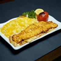 Chicken Barg Plate · Boneless charbroiled strips of chicken breast. Served with rice, charbroiled tomato, salad, ...