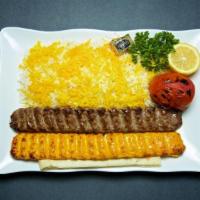 Koobideh Combination · One skewer ground chicken and one skewer ground beef. Served with rice, charbroiled tomato, ...