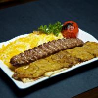 Beef Soltani Plate · Combination of beef barg and one skewer of beef koobideh. Served with rice, charbroiled toma...