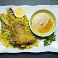 Baghali Polo Lamb Shank Plate · Basmati rice mixed with fava beans and dill weed served with slow cooked lamb shank. Served ...