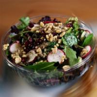EZ Salad · Mixed greens, walnuts, baby radish, dried cranberries served with balsamic vinaigrette and p...