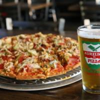 23. Super Six the Works Pizza · Sausage, cheese, ham, pepperoni, mushrooms and green pepper.