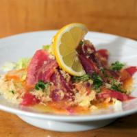 Tuna Carpaccio · Chilled blue fin tuna with crunch in a sweet spicy mayonnaise sauce.