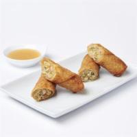 Chicken Egg Rolls · Crispy egg rolls filled with chicken, carrots, green onions, cabbage and noodles.