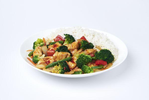 Thai Sweet Chili Chicken · White chicken with fresh green beans, red peppers, carrots, white onions and broccoli in our sweet red chili sauce. Spicy.