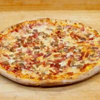 Meat Lovers Pizza · Pepperoni, sausage, hamburger, prosciutto, bacon, red sauce and mozzarella.