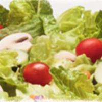Garden Salad · Fresh mixed green salad with mushrooms, tomatoes, carrots, cucumbers and garlic Parmesan cro...