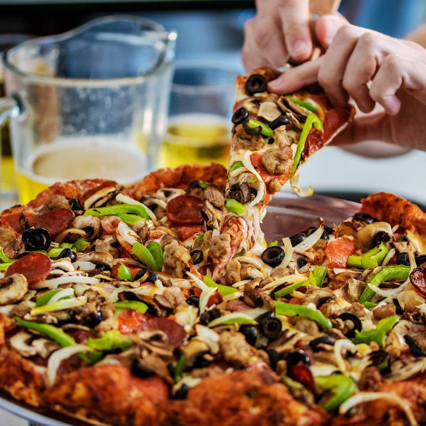 King Arthur's Supreme® Pizza · Pepperoni, Italian sausage, salami, linguiça, mushrooms, green peppers, yellow onions, black olives on zesty red sauce.