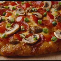 Italian Garlic Supreme® Pizza · Pepperoni, Italian sausage, tomatoes, mushrooms, green onions and lots of garlic on creamy g...