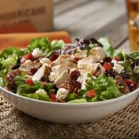 Honey Pecan Chicken Salad · Mixed greens topped with chopped chicken breast, honey-roasted pecans, bleu cheese, tomatoes...