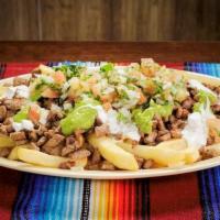 Tapatio Fries · Choice of meat, cheese, sour cream, guacamole, and pico de gallo.