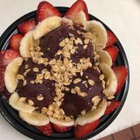 Original Acai Bowl · Organic acai, fresh strawberries, bananas, almond granola, agave nectar.