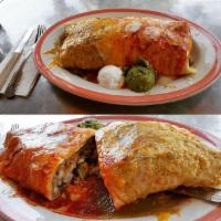 Oven Burrito Deluxe · Pork, chicken or shredded beef with beans, topped with verde, red or ranchera sauce and melt...