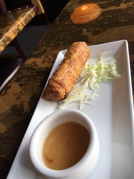 Chinese Egg Roll · Stir-fried cabbage, carrot, celery and chicken wrapped in wonton skin; battered and deep-fried. Served with plum sauce.